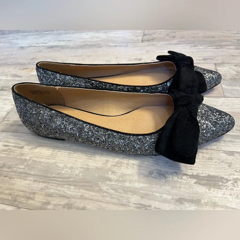 LOFT Silver Glitter Sparkle Flats with Black Velvet Bows - Picture 4 of 9